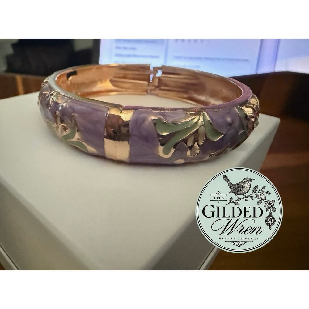 Vintage Lavender Enamel Floral Rhinestone Gold Tone Hinged Bangle Bracelet - Picture 5 of 6